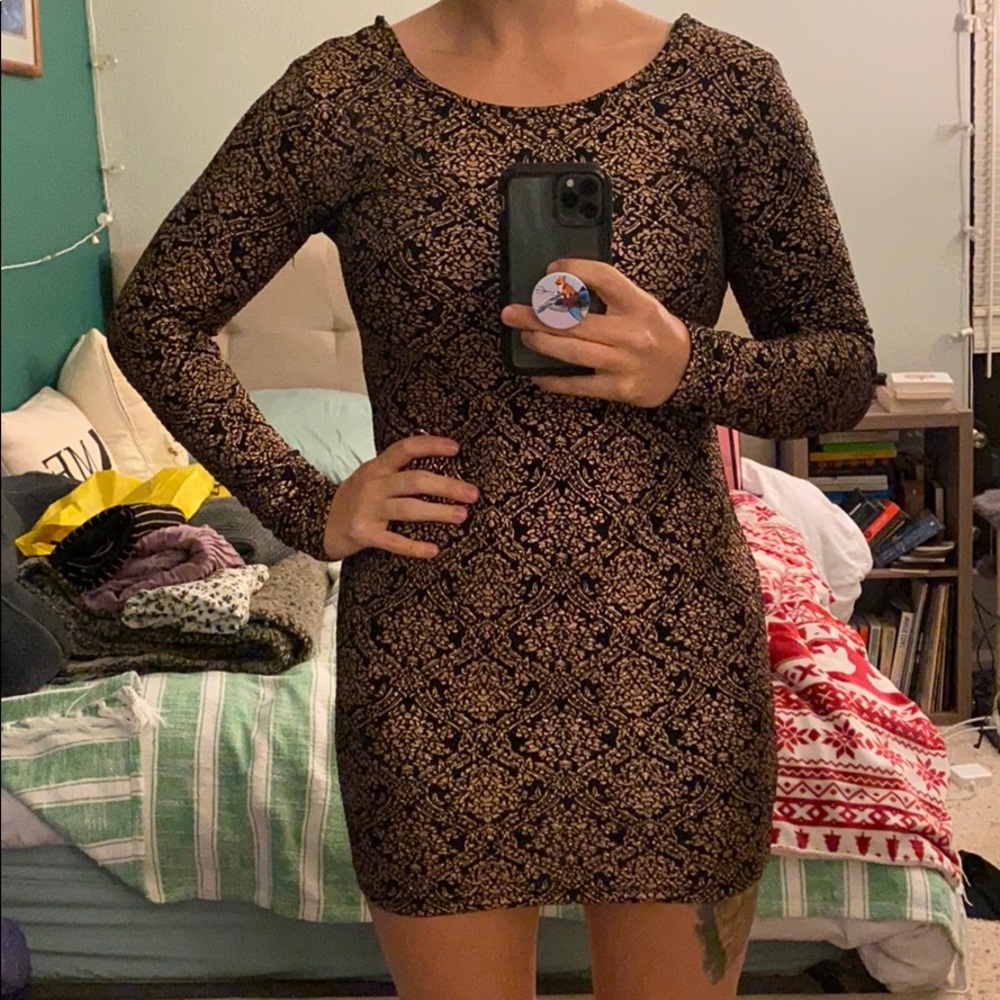 Luca Couture Black/Gold Filagree Bodycon Dress